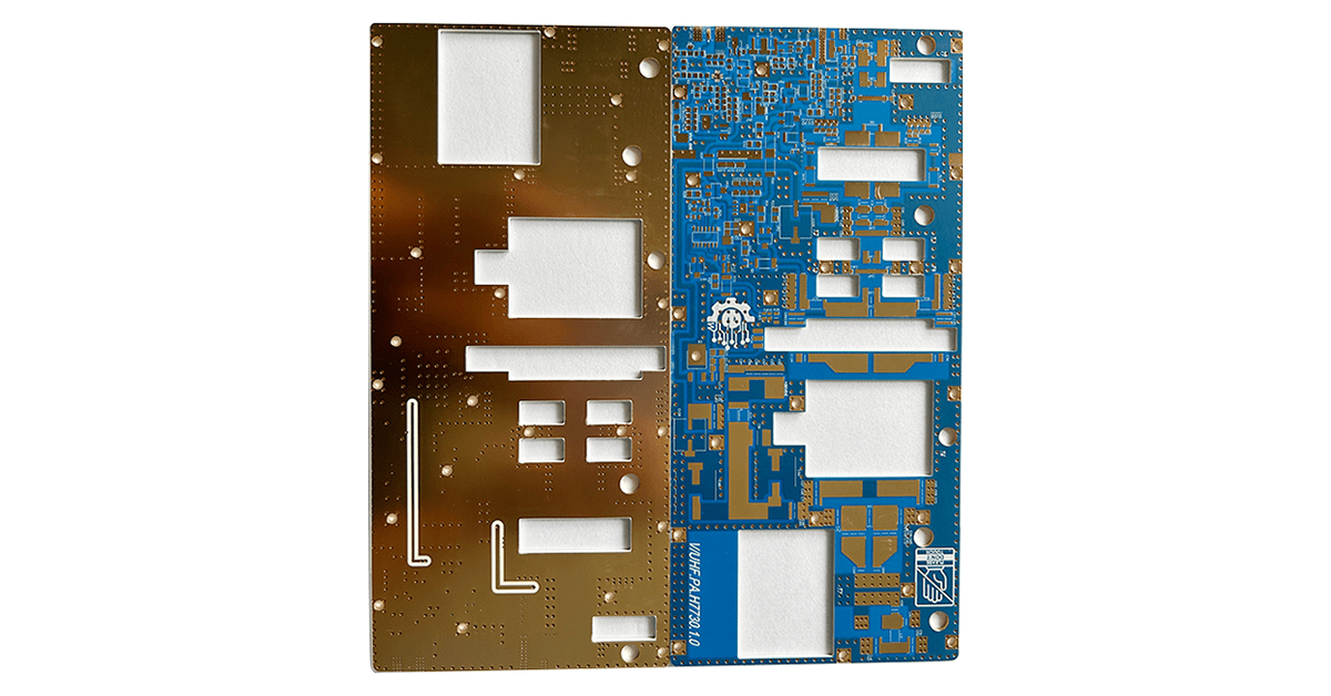 Rogers and FR-4 hybrid multilayer PCB structure used in advanced RF communication systems.
