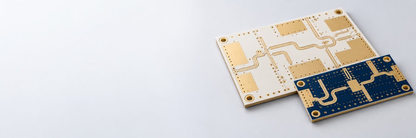 High-frequency microwave PCB bare boards with gold traces and blue solder mask, manufactured from customer Gerber files